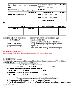 Đề kiểm tra chất lượng học kỳ I môn Tiếng Anh Lớp 7 (Chương trình Thí điểm) - Năm học 2016-2017 - Sở GD & ĐT Bắc Giang (Có đáp án)